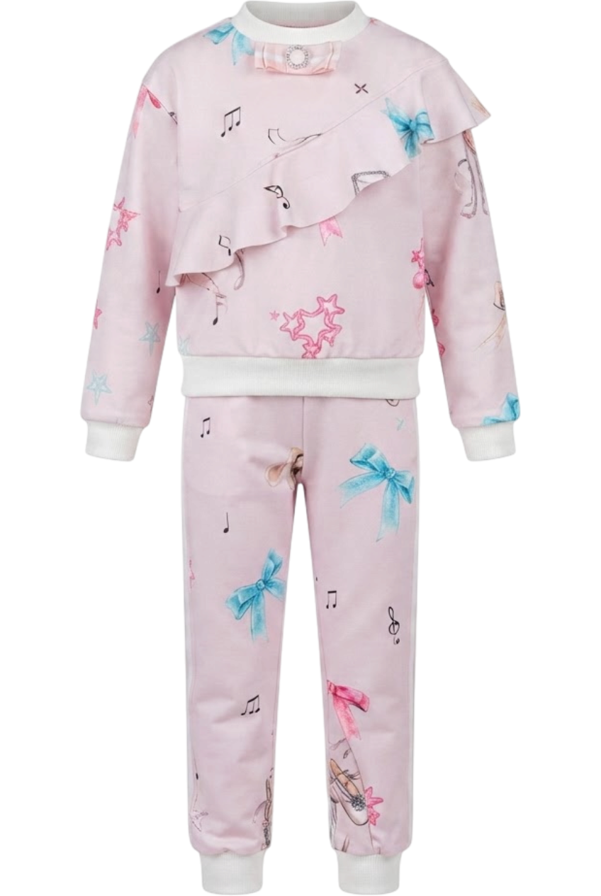 Light pink tracksuit with bows print and ruffles - product view