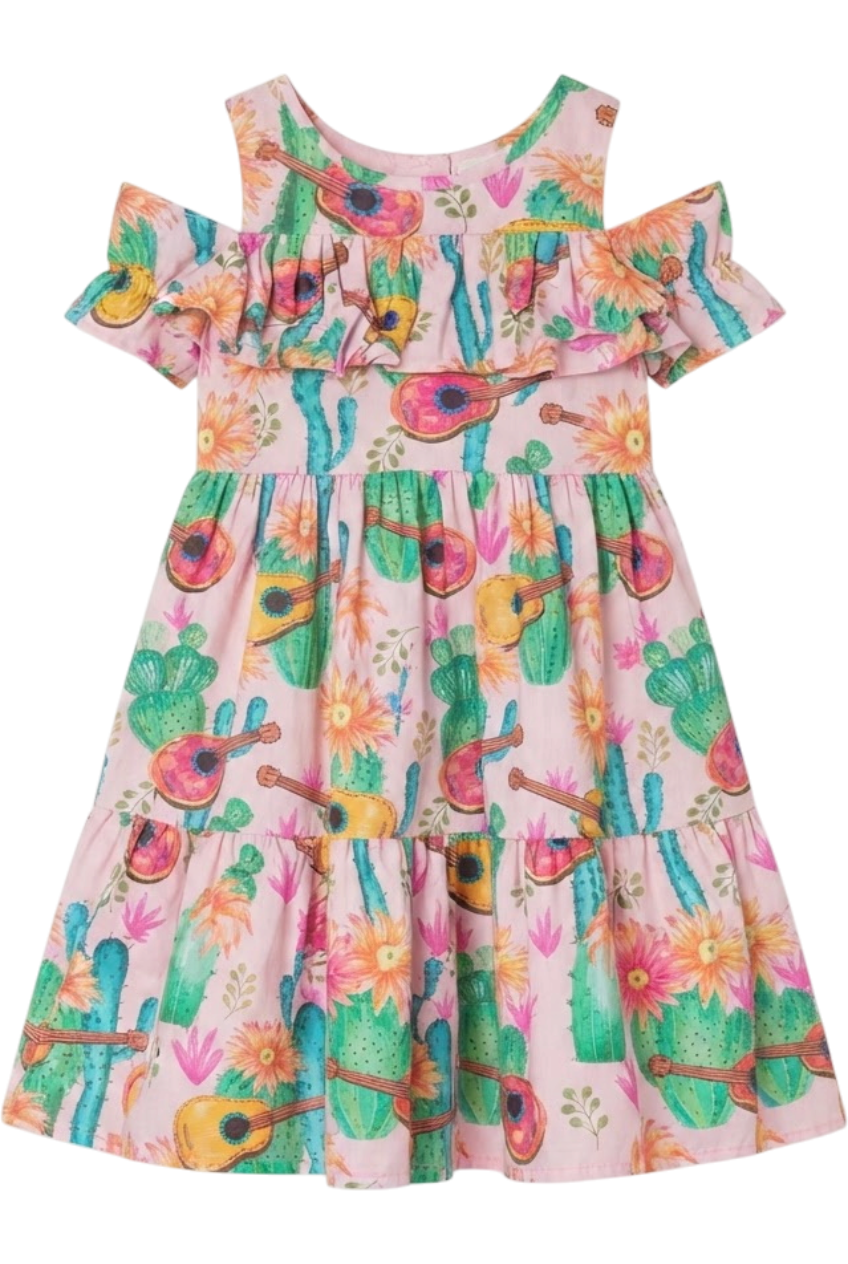 Pink cactuses and guitars cotton dress - product view