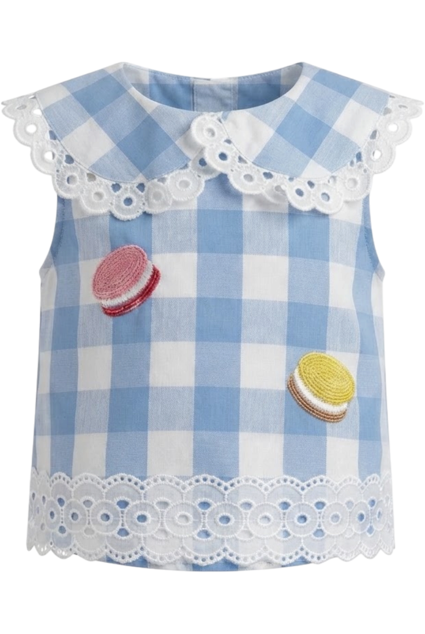Cotton top in baby blue and white check - product view