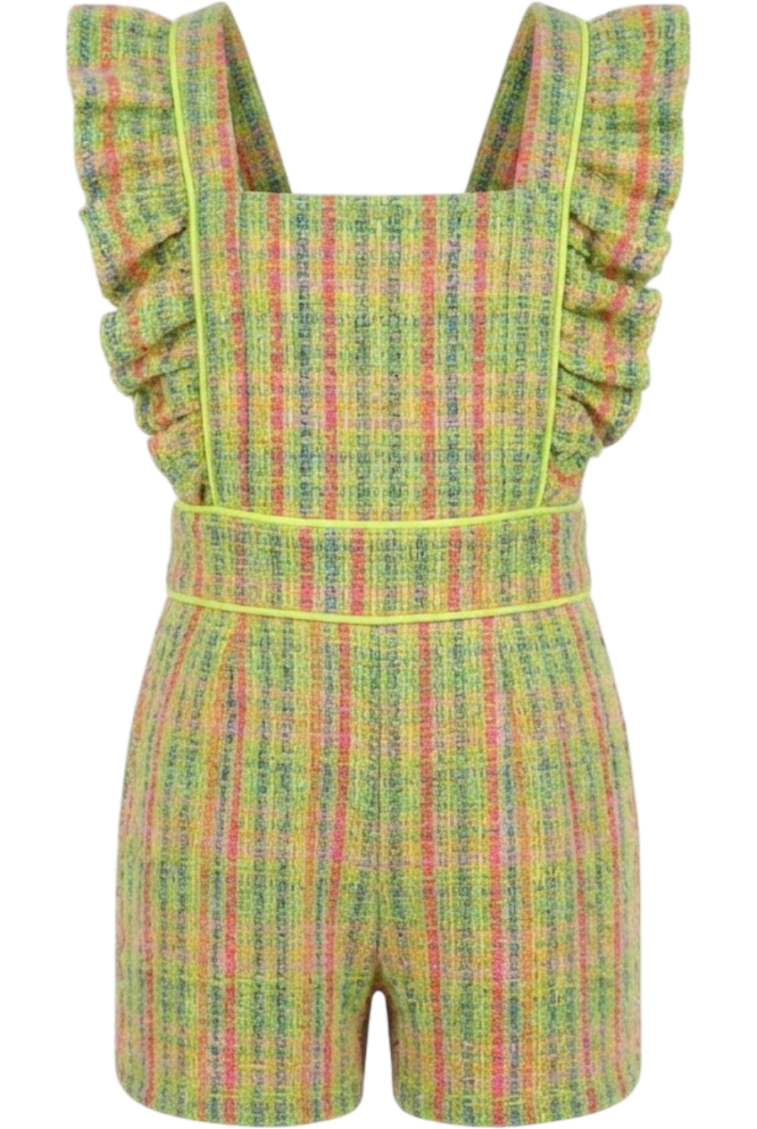 Green, yellow, fuchisa and neon tweed cotton blend dungarees with frills - product view