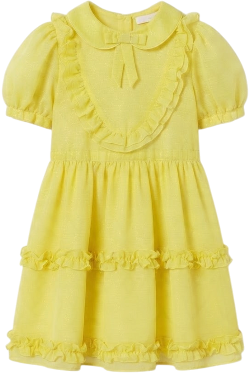 Yellow chiffon dress with pretty front detail, bow and collar - product view