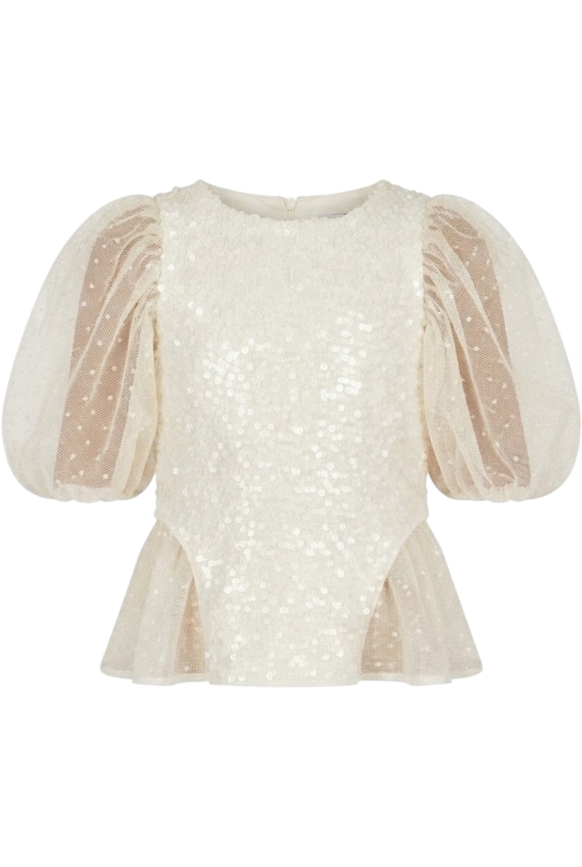 Off-White sequin top with cotton tulle sleeves and side panels - product view