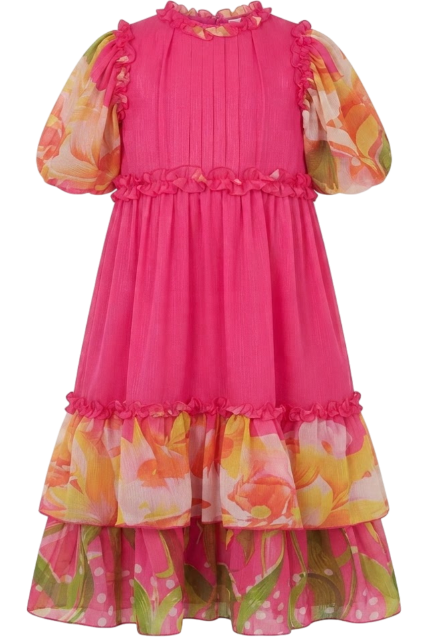 Shimmering chiffon fuchsia bright flowers printed dress with frills - product view