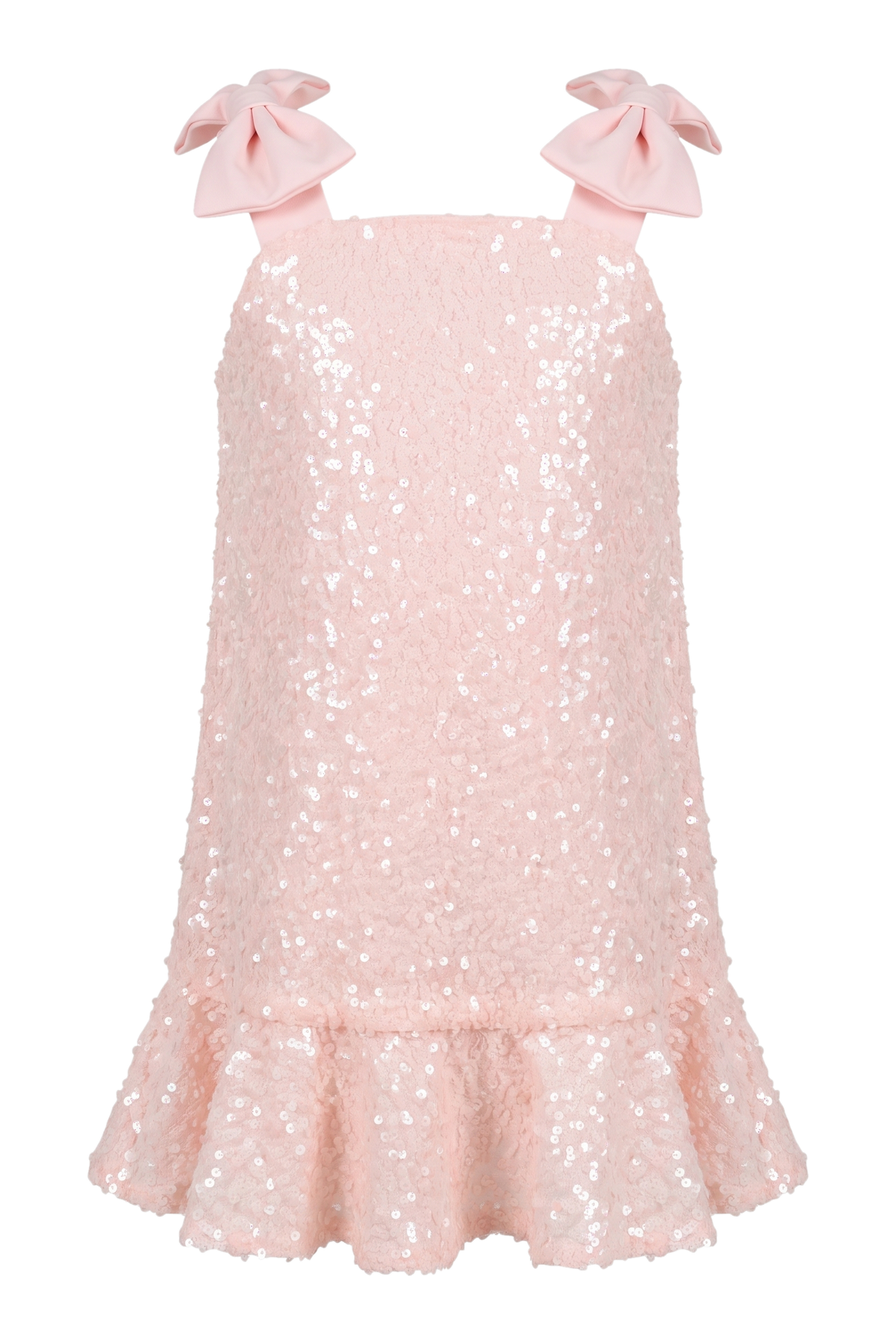 Pink sequin dress with shoulder straps with bows - product view