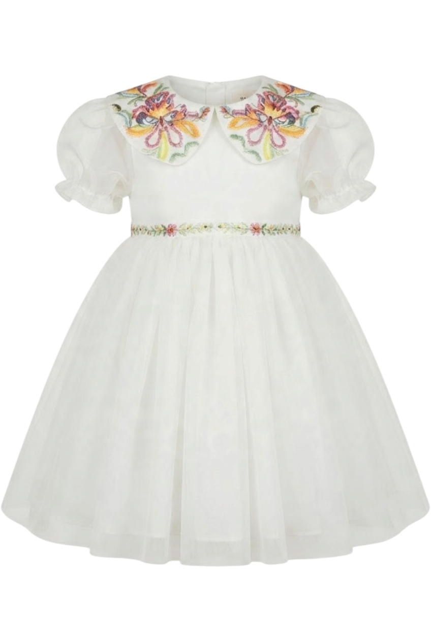 White tulle dress with hand-embellished collar and waistband - product view
