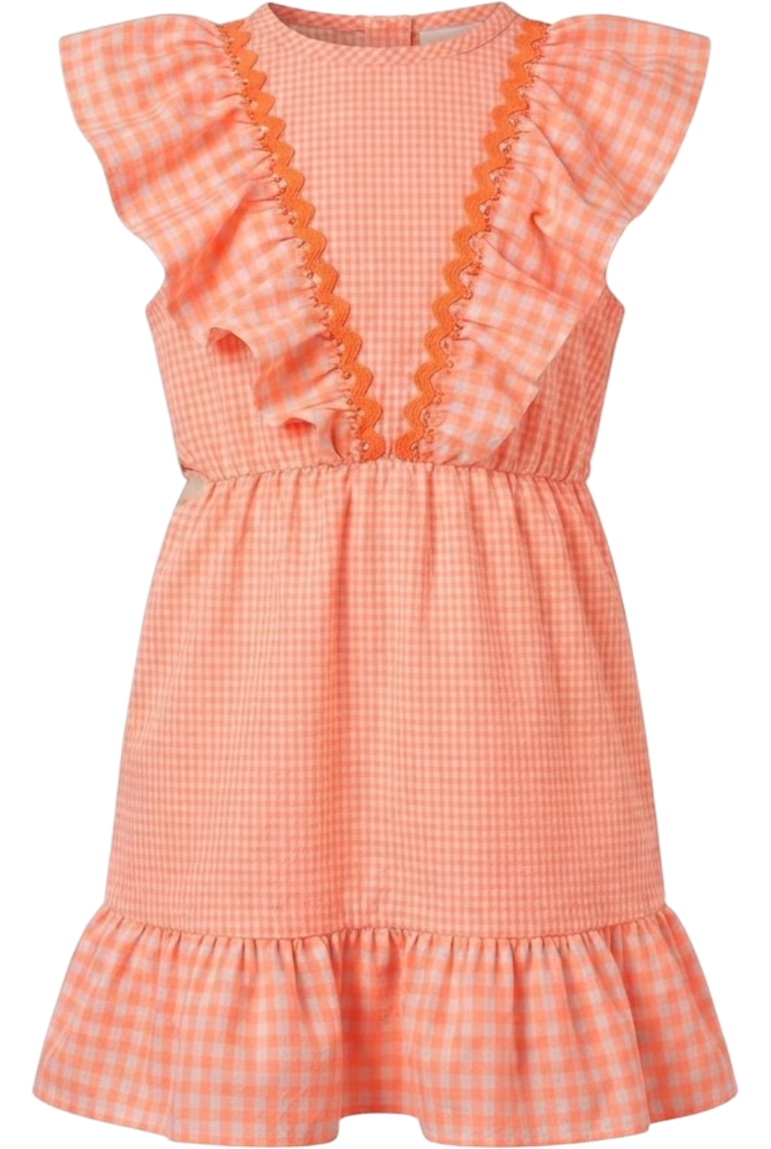 Coral neon and ecru cotton dress with frills - product view