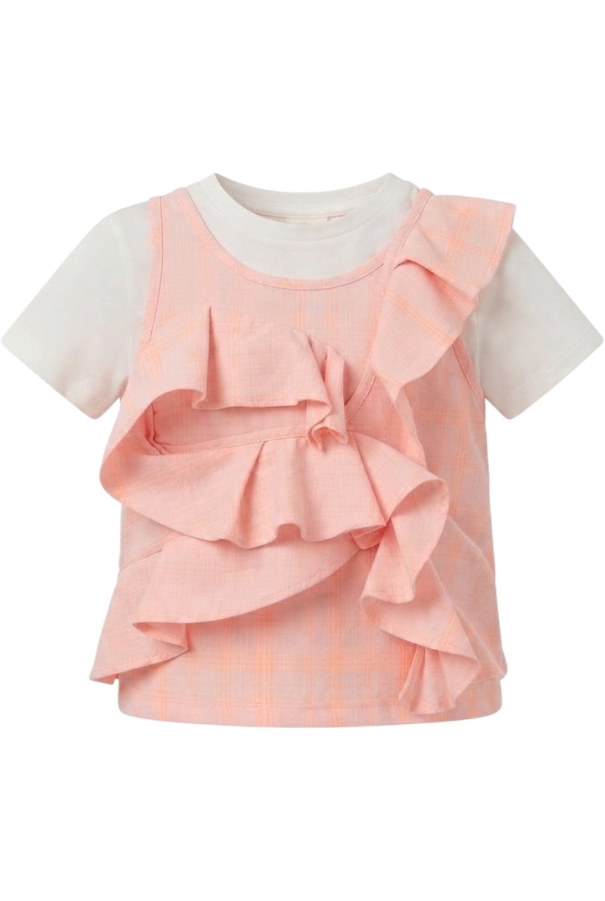 Set of orange and pink neon cotton top with frills and t-shirt - product view
