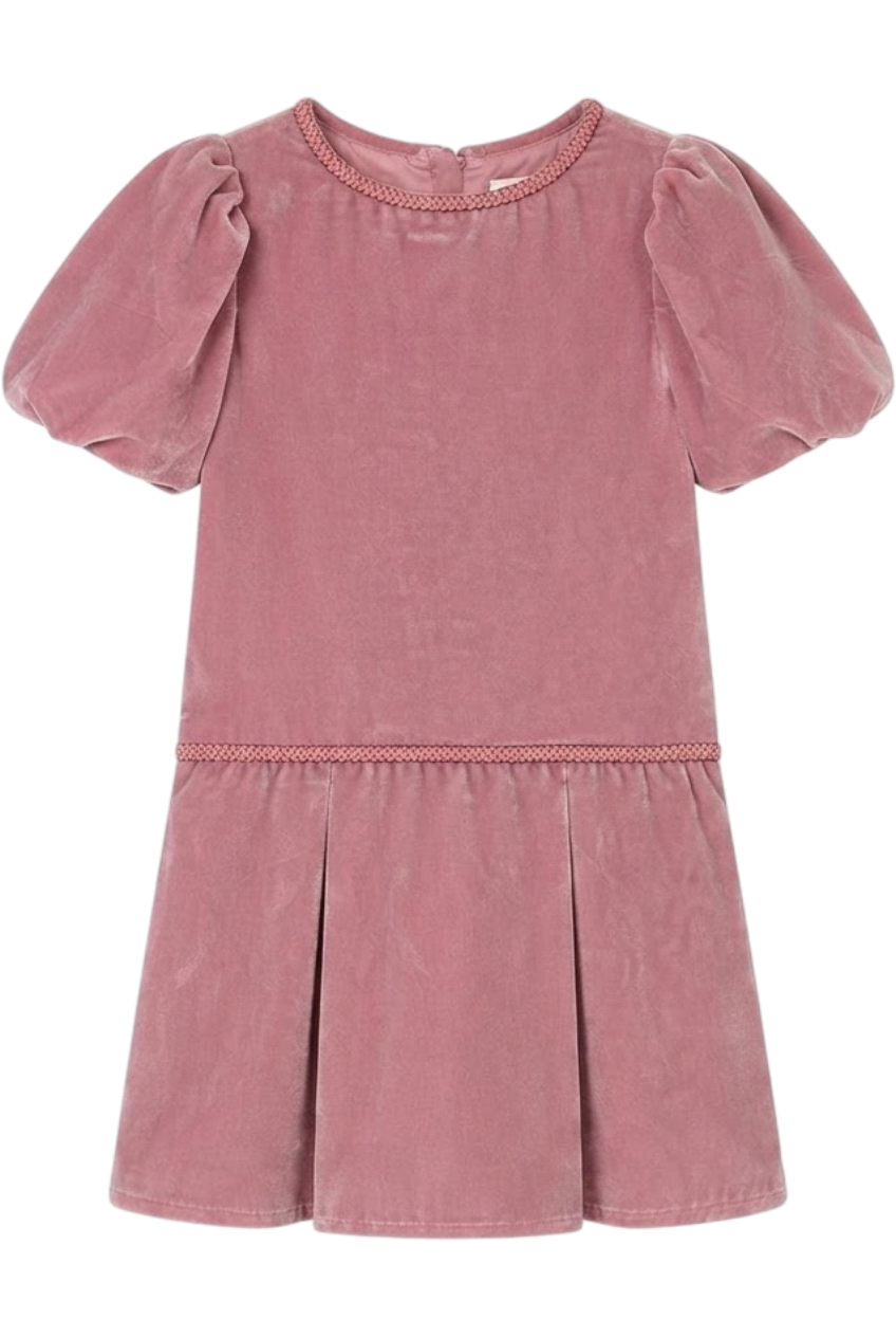 Powder pink velvet dress with matching details - product view