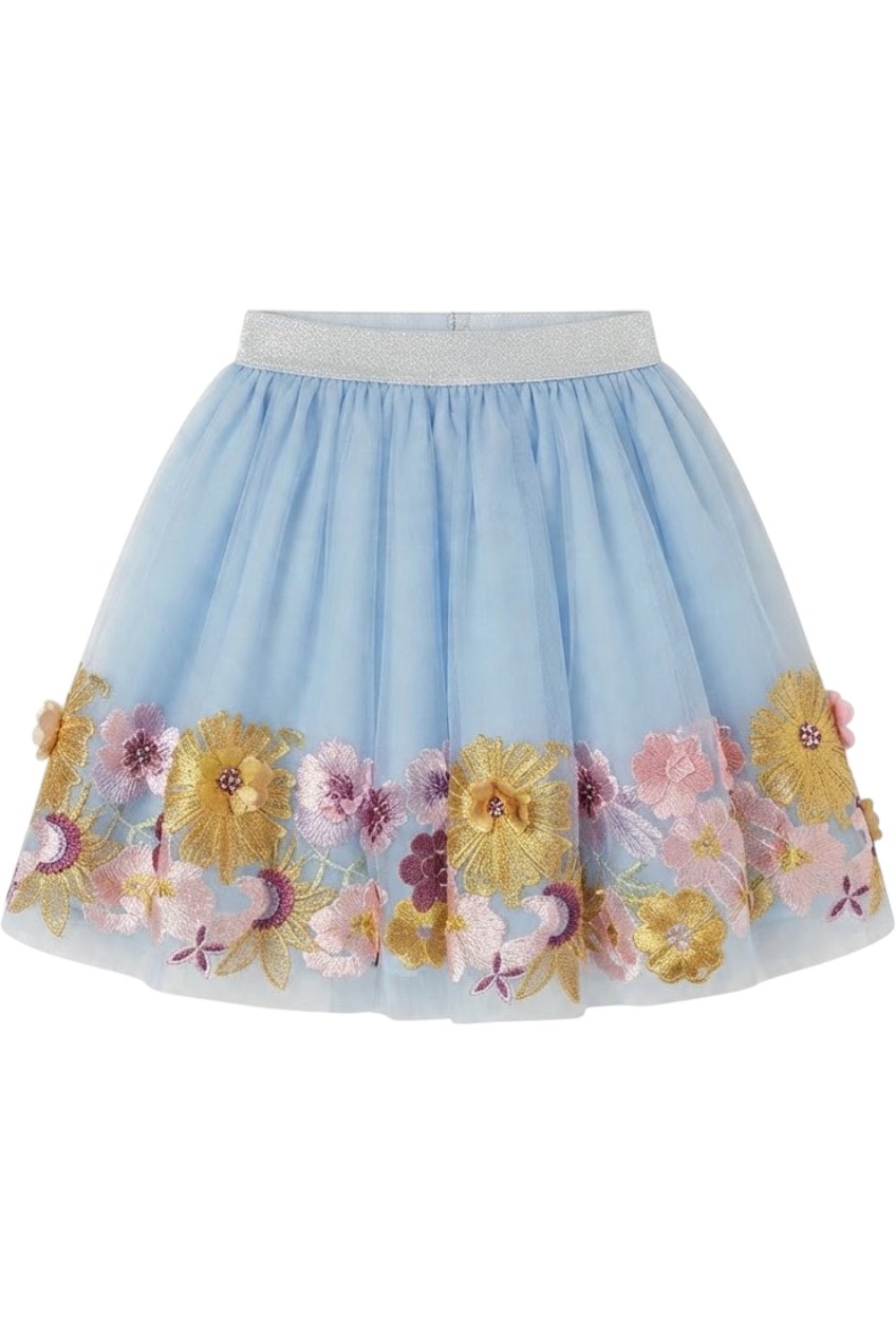 Blue embroidered floral tulle lace skirt with 3D flowers and silver elastic waistband - product view