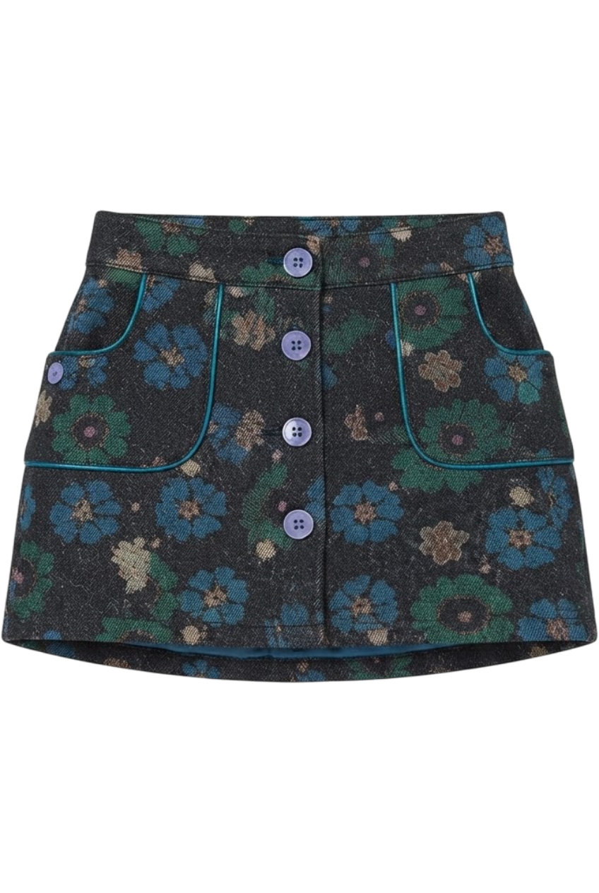 Blue, green and beige flowers cotton denim mini skirt - product view