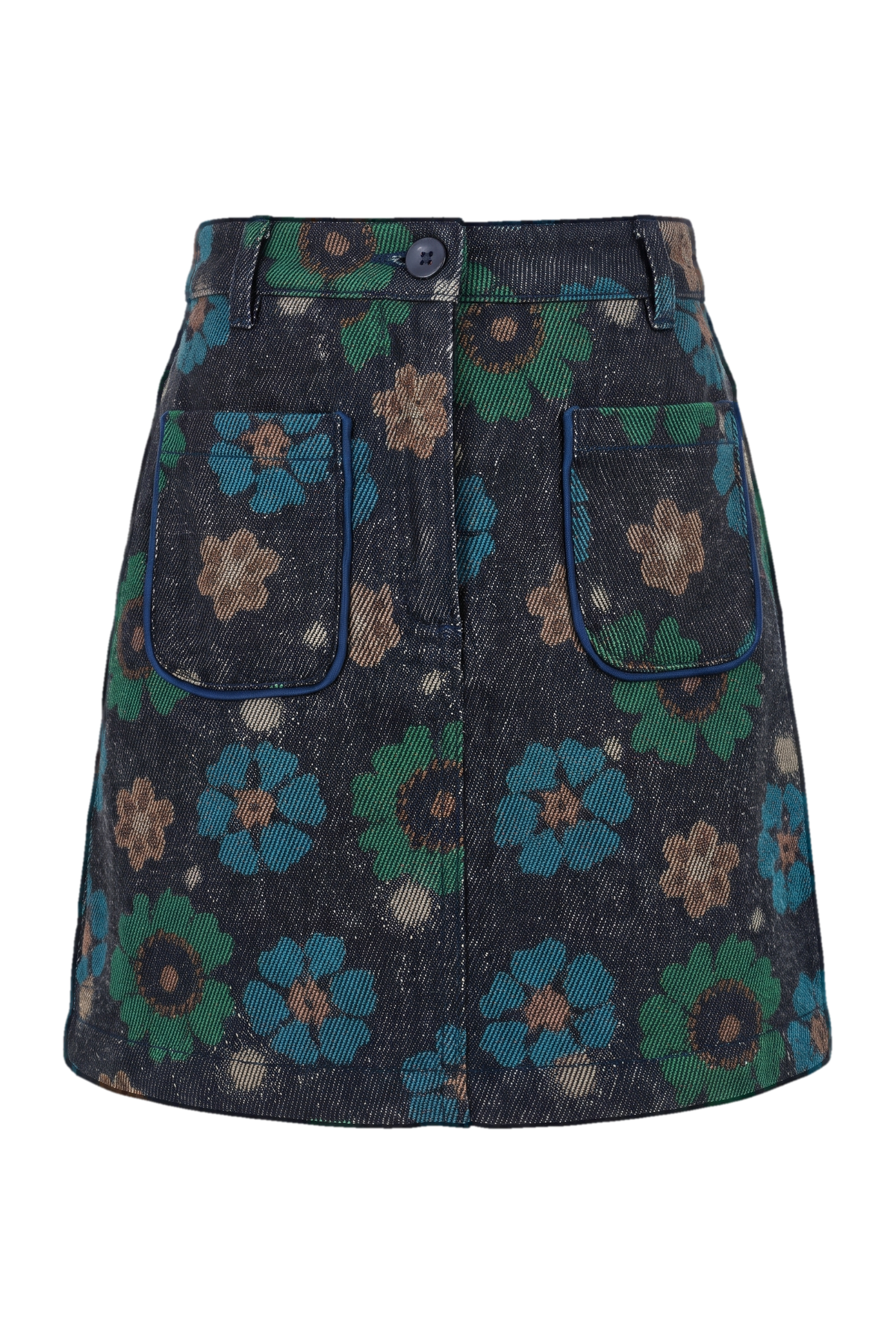 Blue, green and beige flowers cotton denim mini skirt - product view