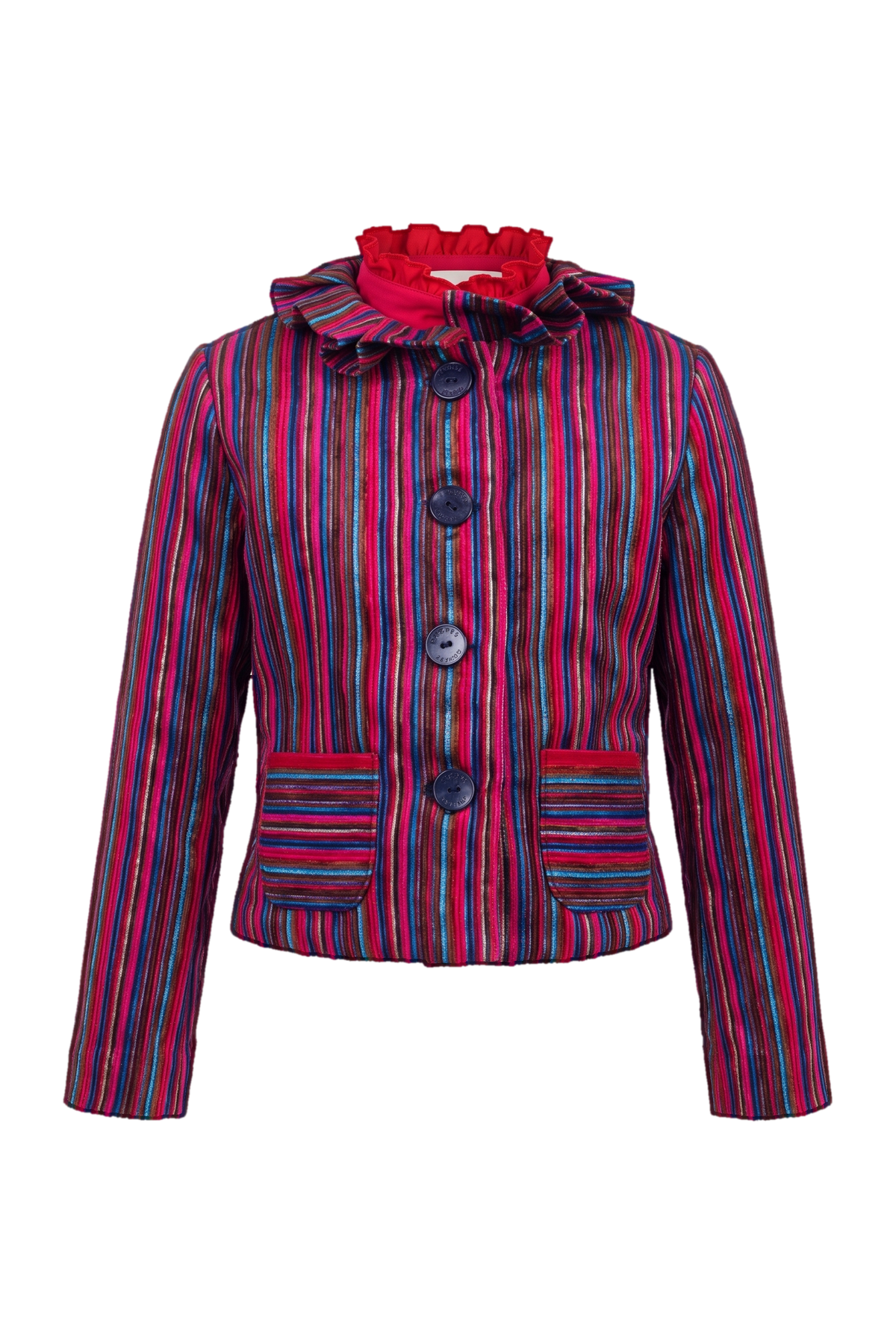 Fuchisa, pink, blue and brown corduroy jacket with mother of pearl branded buttons - product view