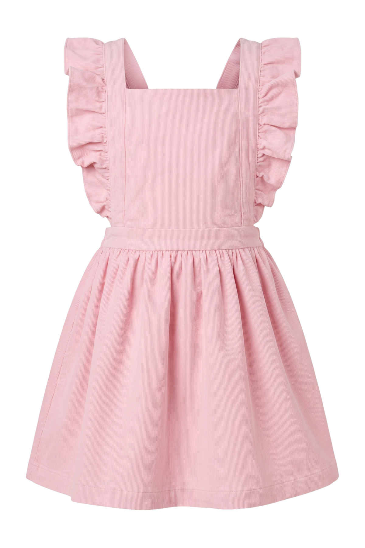 Pink courdoroy cotton pinafore dress with frills - product view