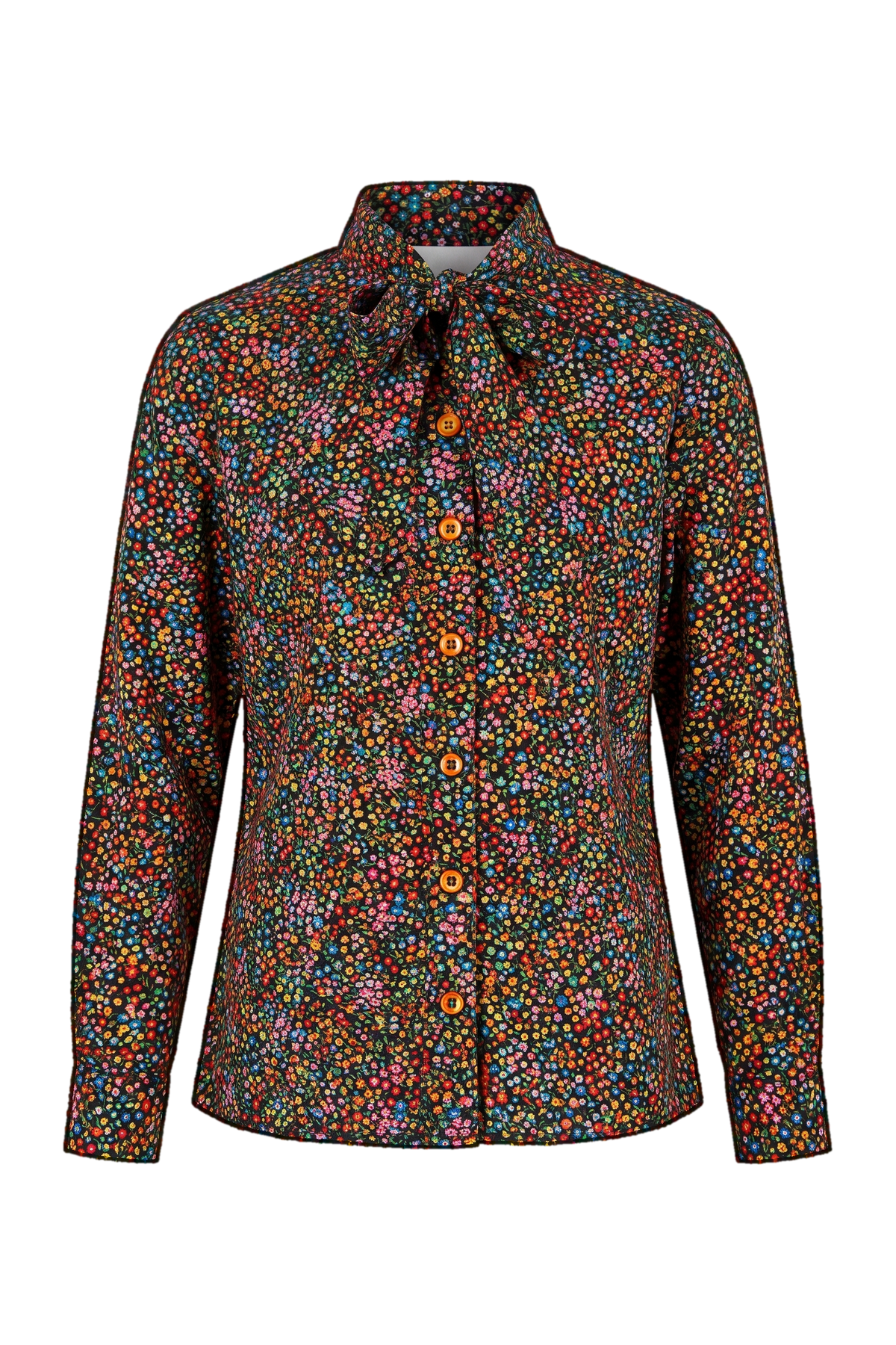 Micro flowers black Liberty print cotton shirt with bicolor buttons - product view