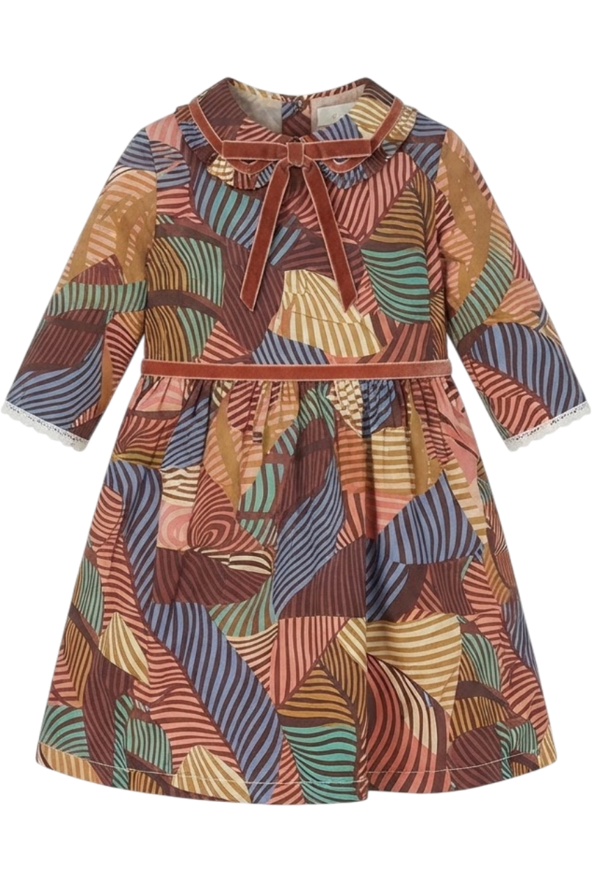 Oversized abstract leaves Liberty print cotton dress with collar and velvet ribbon - product view