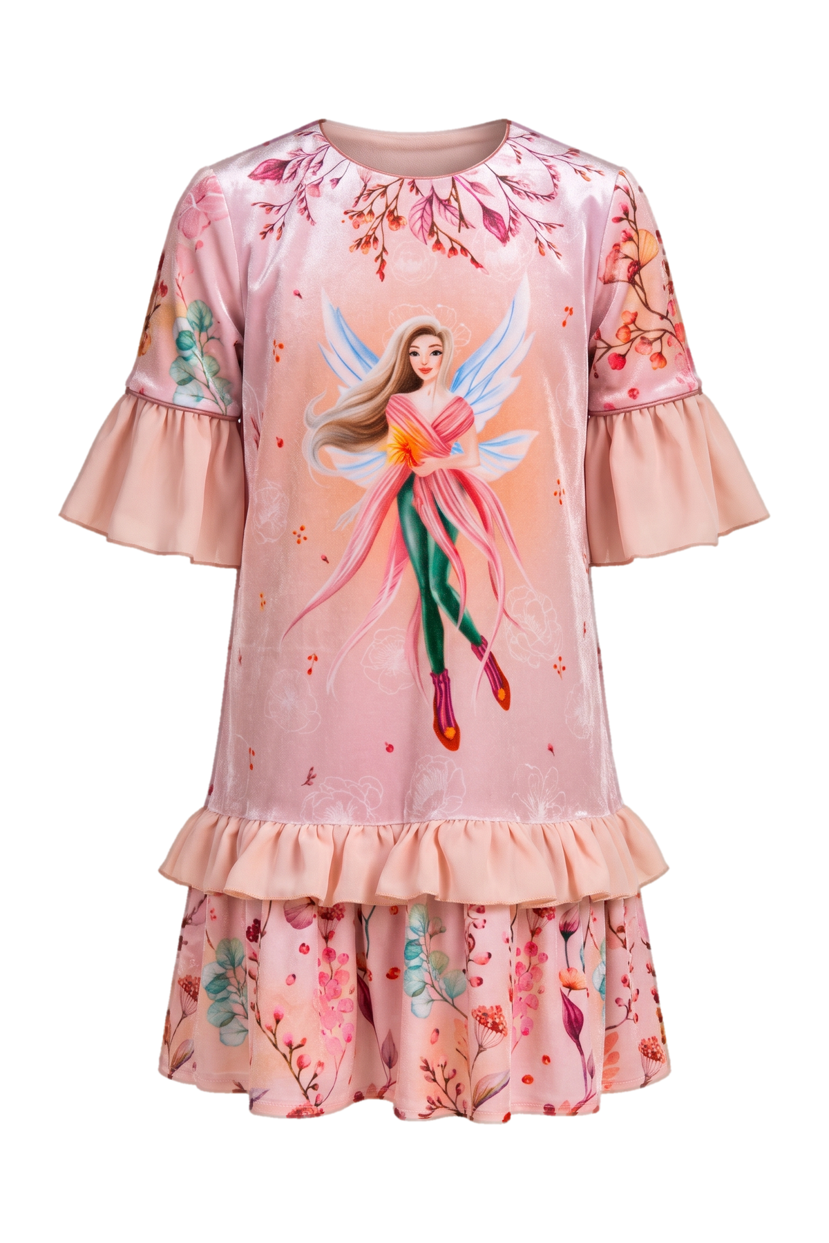 Pink autumn fairy tunic dress with frills - product view