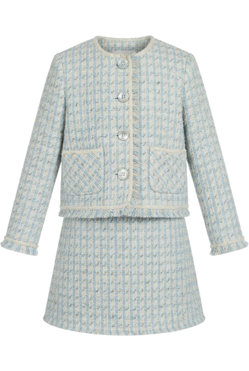 Tweed wool blend blazer and skirt set with mother of pearl branded buttons - product view