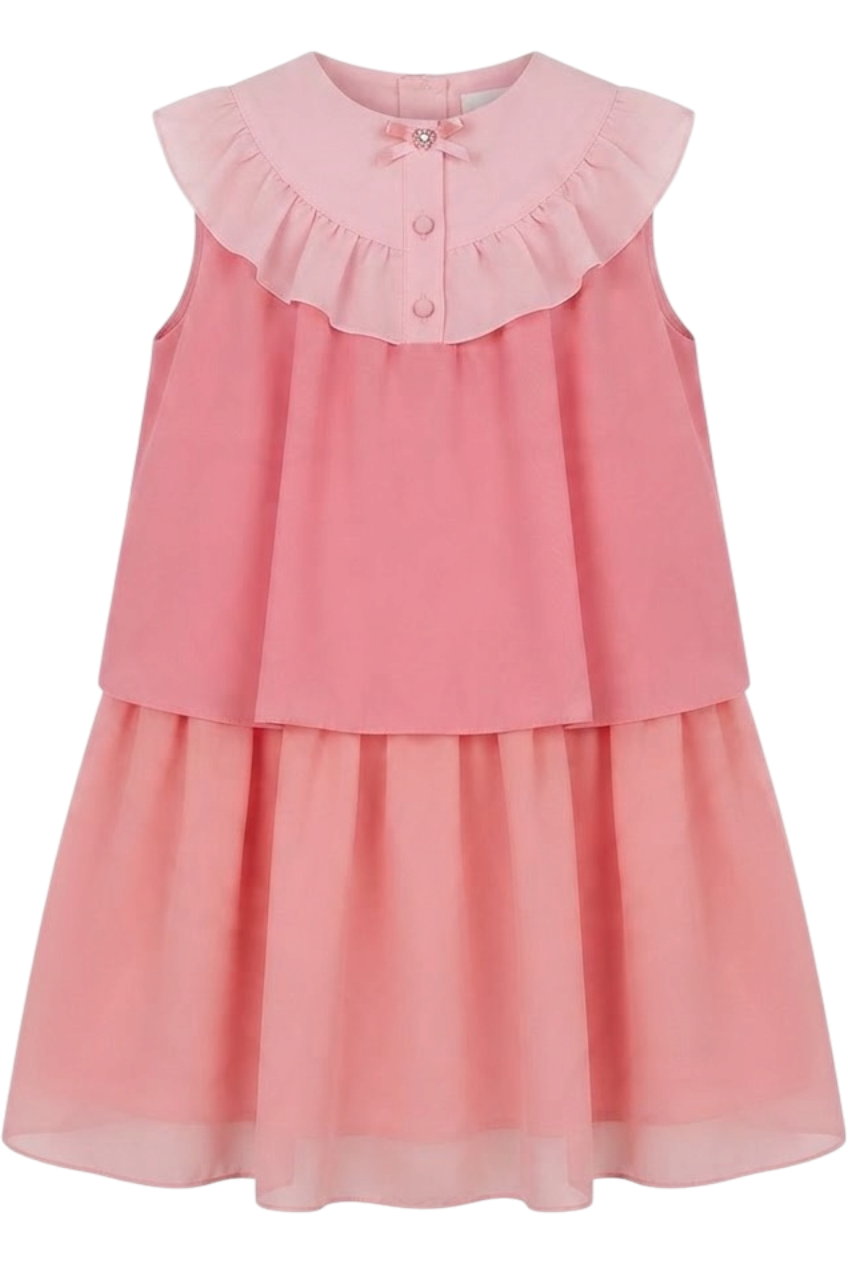 Three shades of pink chiffon layered dress with tiny bow - product view