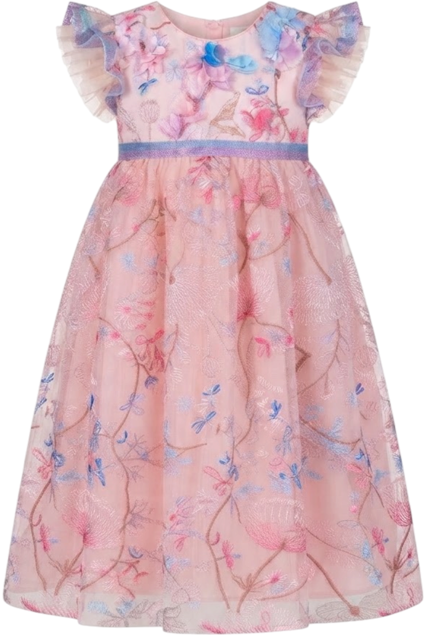 Pink embroidered floral lace dress with hand-made flower decoration - product view
