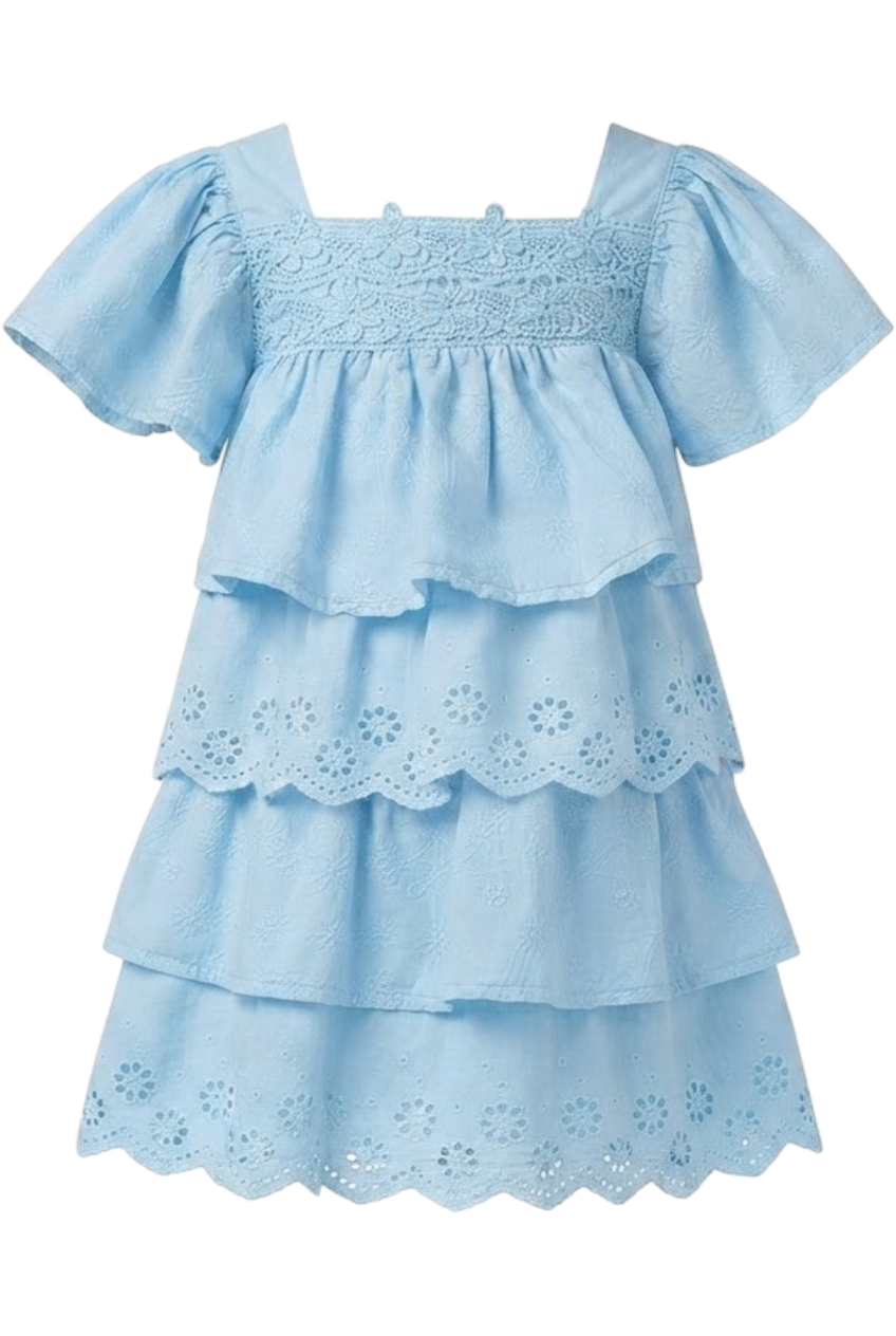 Light blue embroidered cotton/broderie anglaise layered dress - product view