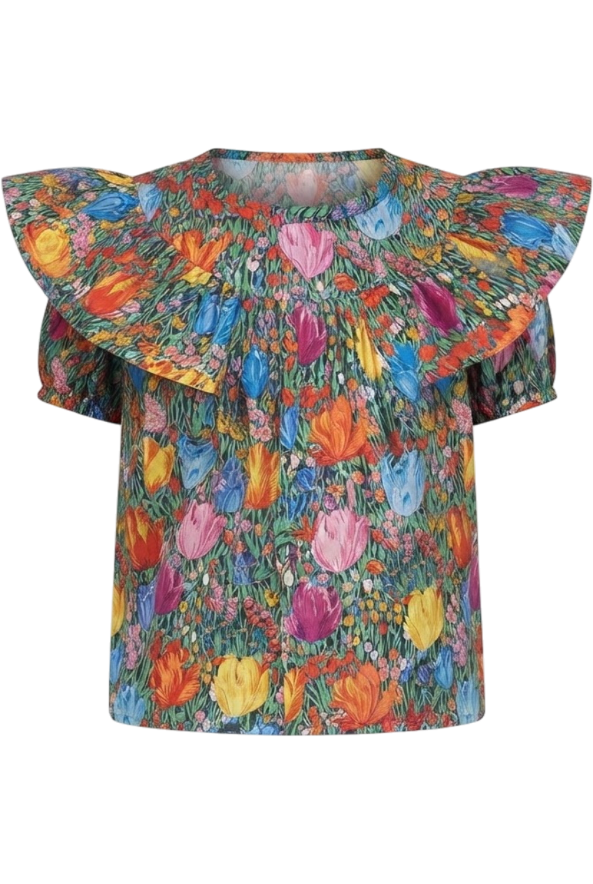 Multicolor tulips Liberty print cotton shirt with frills - product view