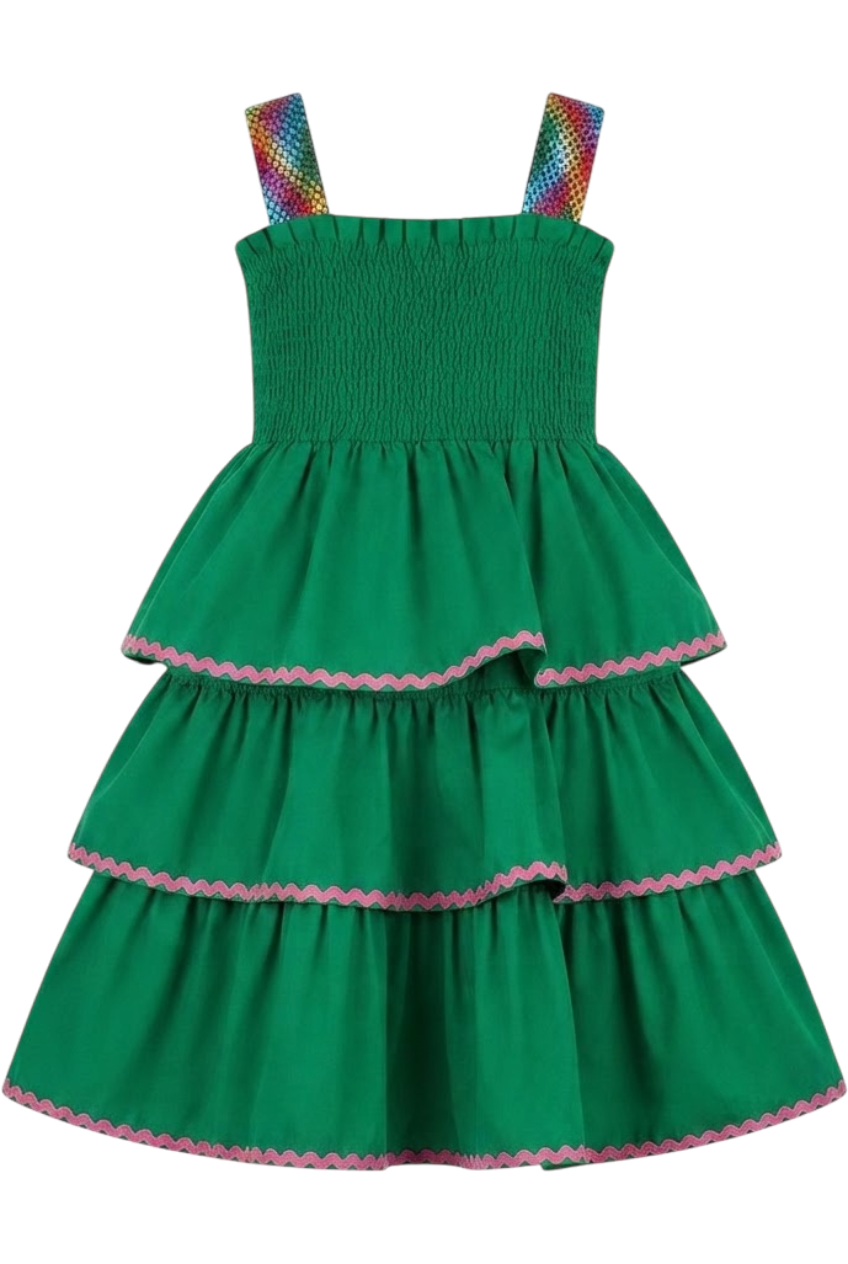 Green poplin cotton dress with multicolor straps - product view