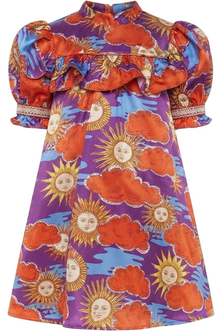 Silk purple, orange and blue Sun and Clouds Liberty print dress - product view