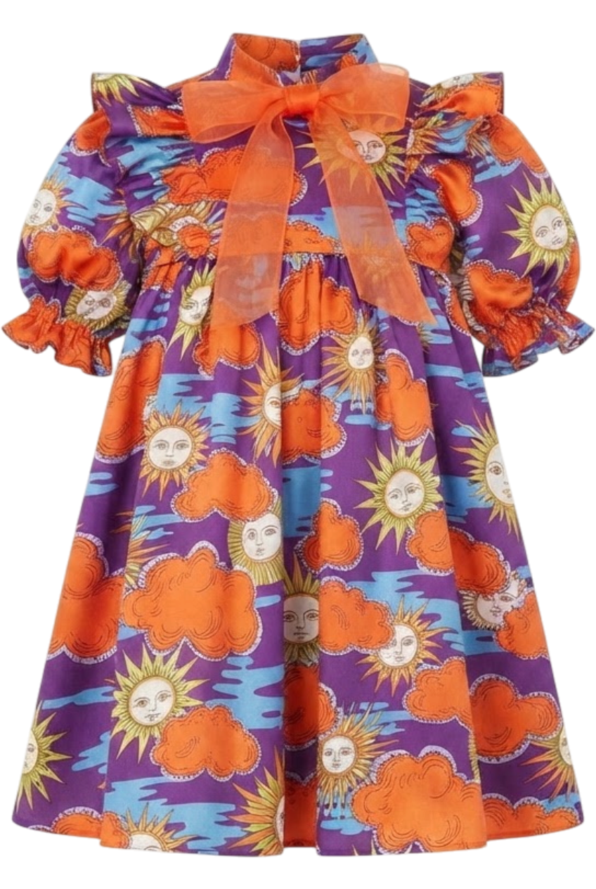 Silk purple, orange and blue Sun and Clouds Liberty print dress with orange silk organza pussy bow - product view