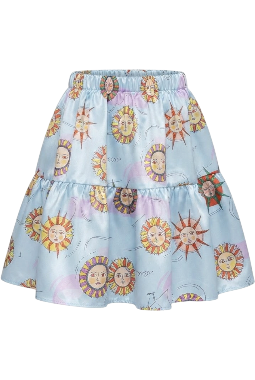Light blue satin cotton skirt with suns print - product view