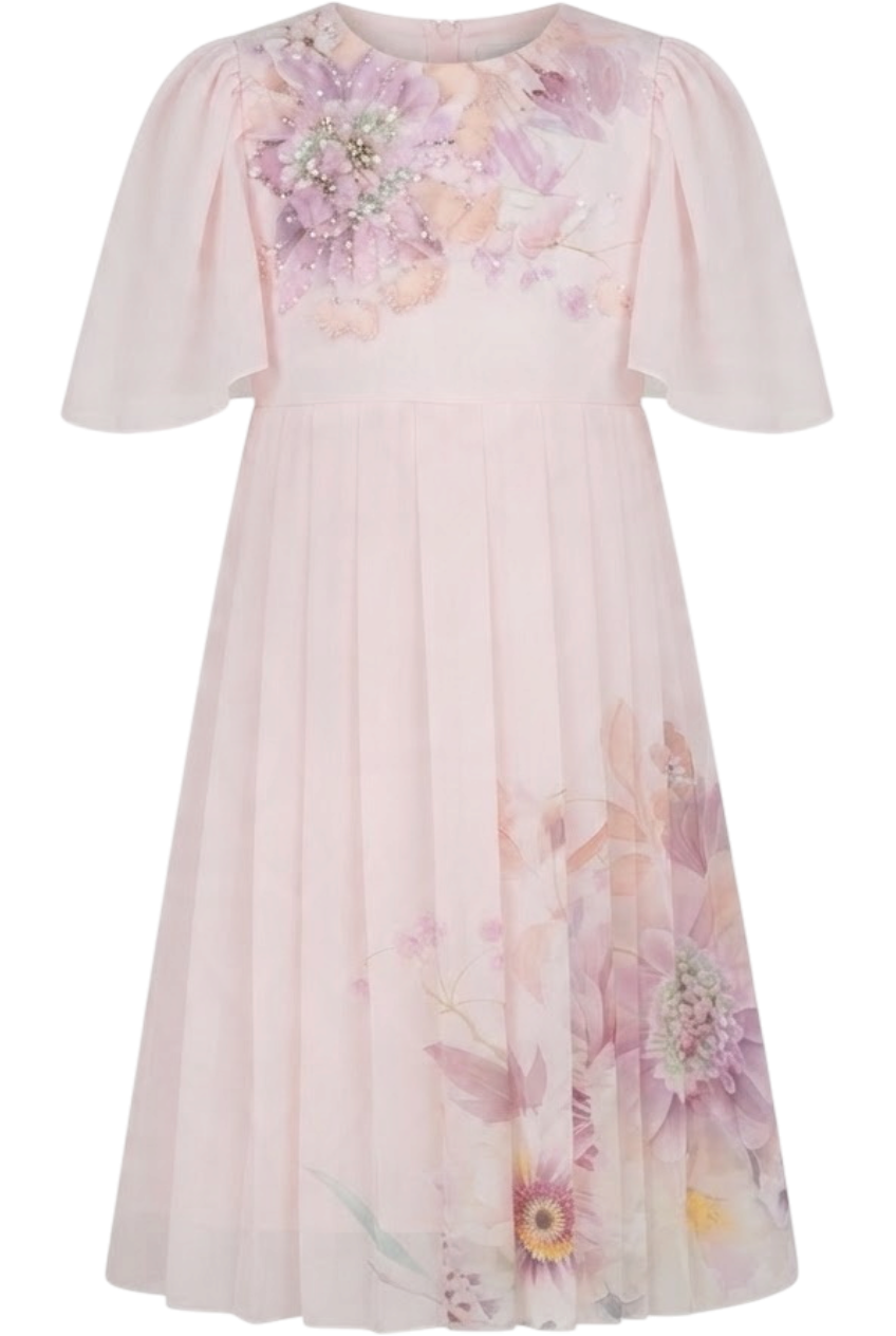 Light pink chiffon pleated dress with hand-embellished flowers - product view