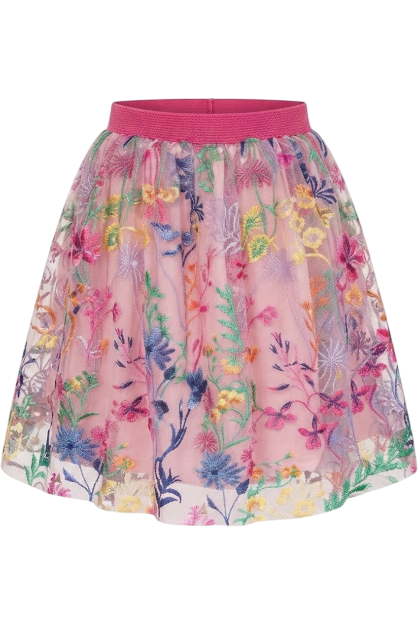 Pink bright flowers embroidered lace skirt with fuchsia elastic waist - product view