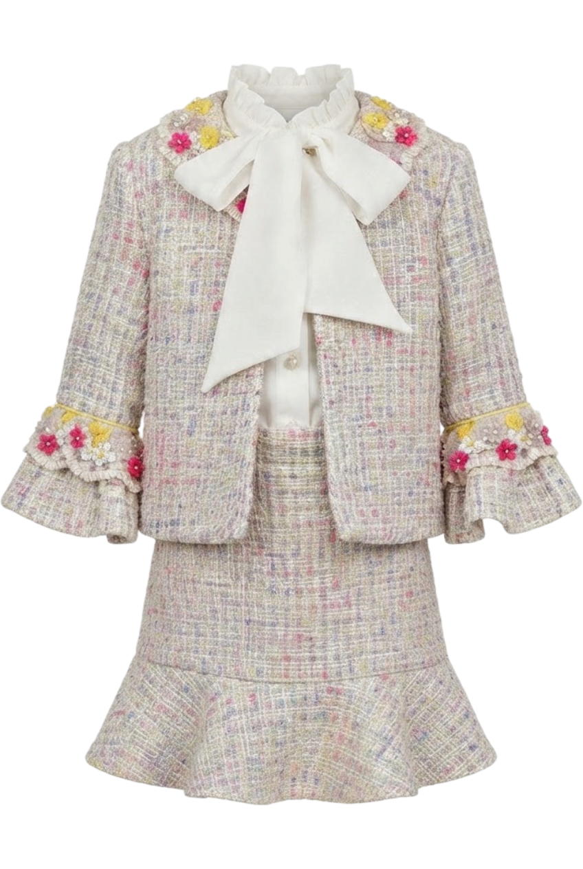 Pastel colors metal threads tweed set with hand-embellished flowers and beads - product view