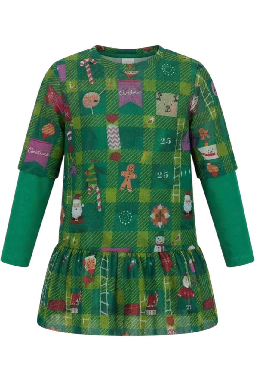 Green tartan Christmas landscape mesh tunic dress with long green cotton under t-shirt - product view
