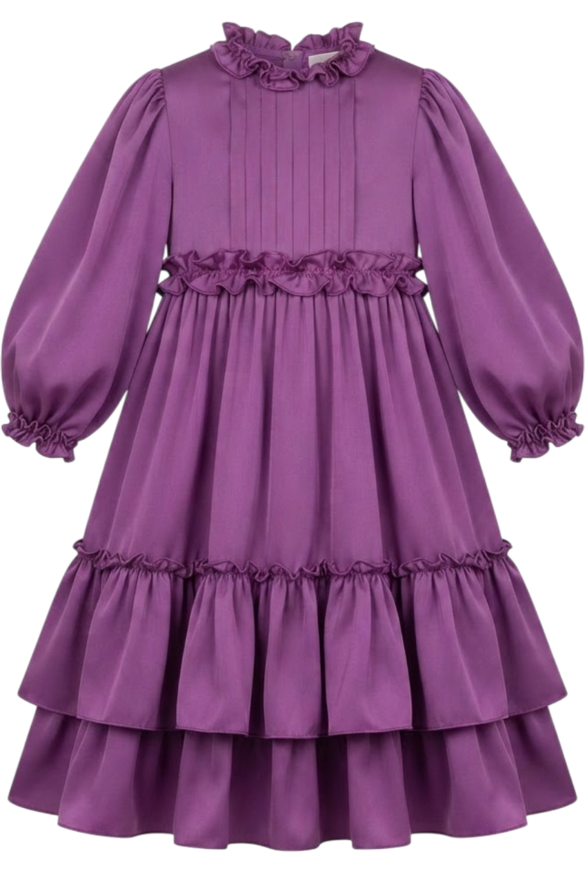 Long purple frilled dress with voluminous sleeves - product view