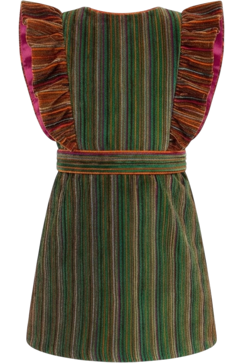 Green, orange and fuchisa velvet dress with frills - product view
