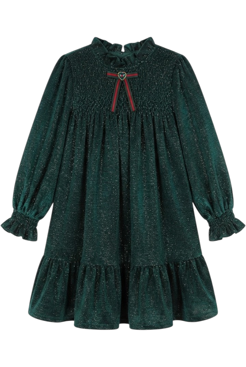 Green and gold shimmering smocked dress with red/green velvet ribbon and green heart shape crystal button - product view