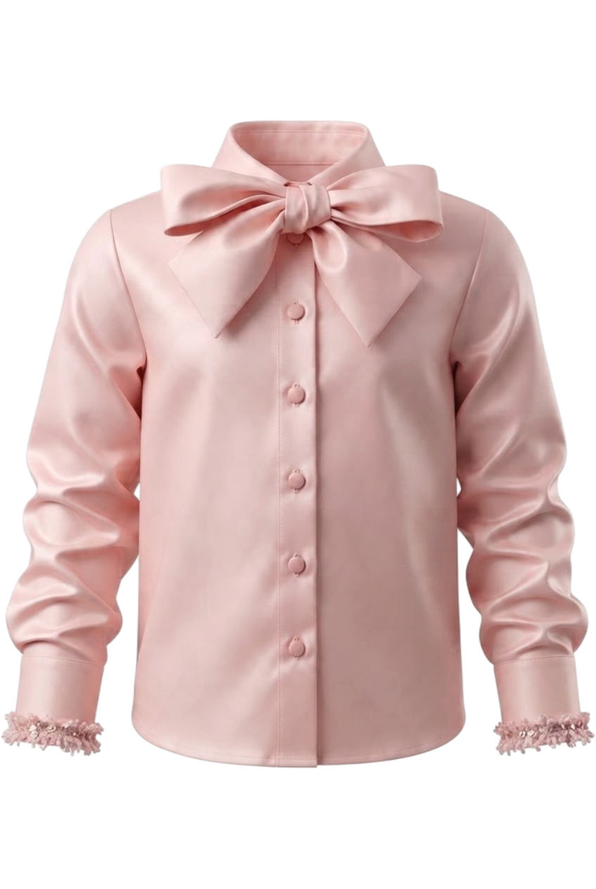 Powder pink satin cotton shirt with bow - product view