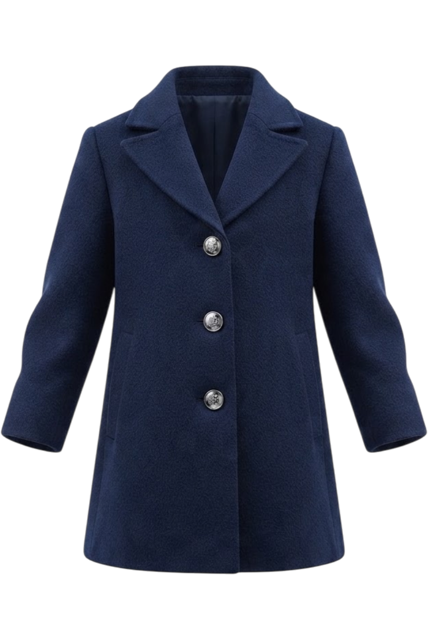 Blue wool coat with coat of arms buttons - product view