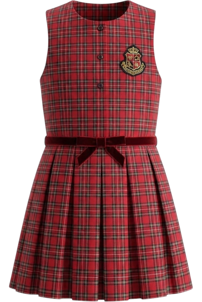Sleevless red check cotton dress with emroidered patch and red-black velvet ribbon - product view