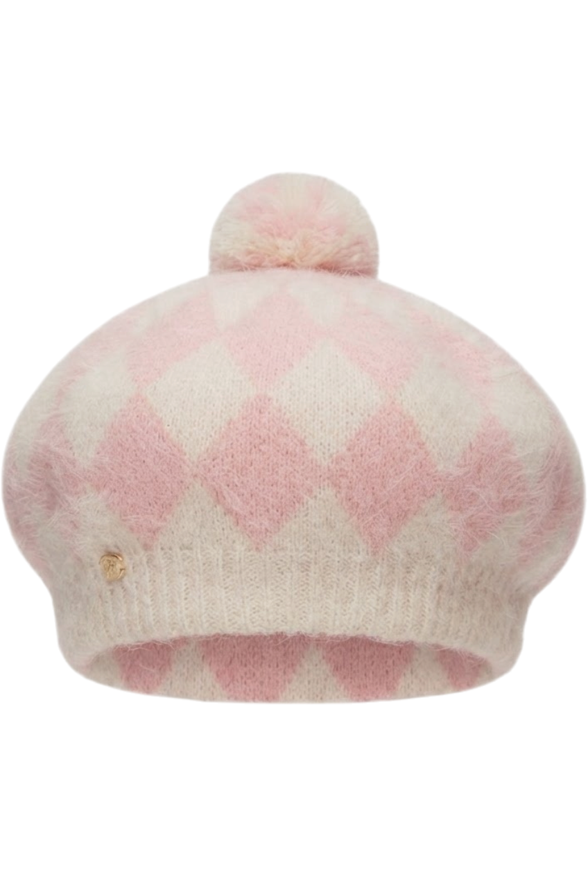 Pink and off-white moher rhombus hat - product view