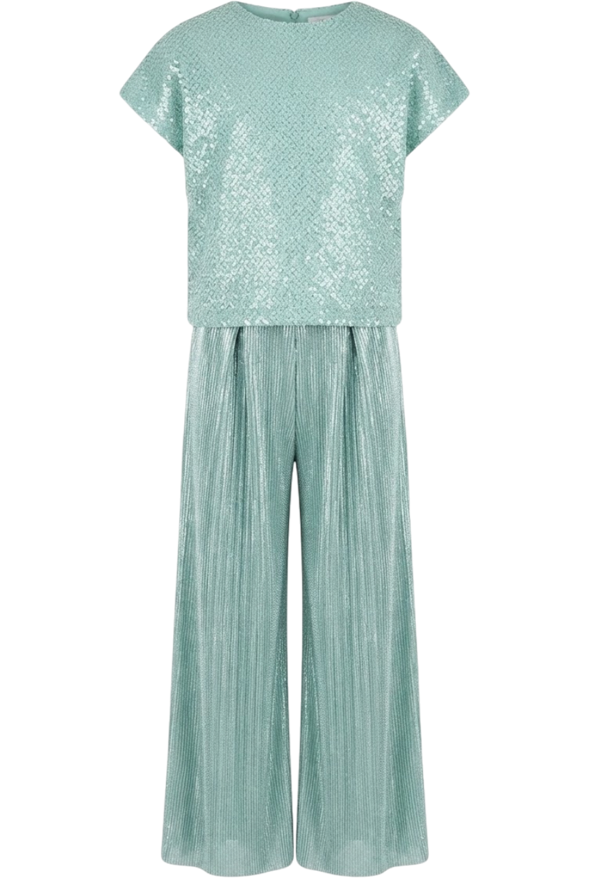 Mint jumpsuit with lace top and micro pleated bottom - product view