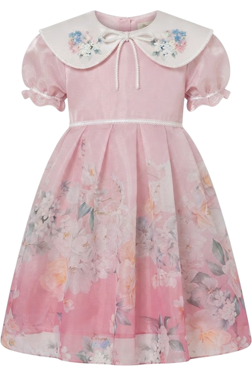 Pink ombré floral printed dress with hand-embellished collar - product view
