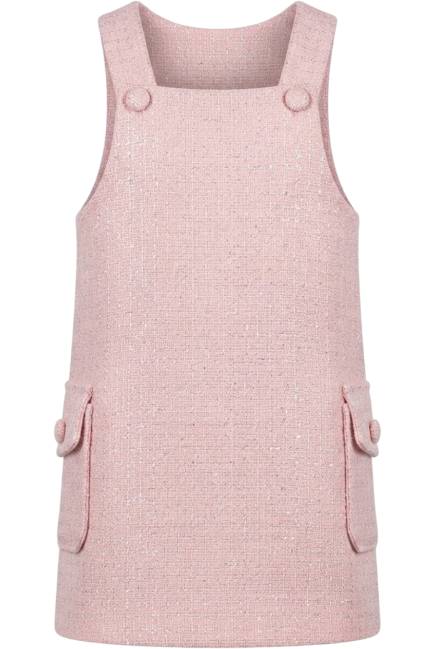 Pink tweed pinafore dress with side pockets - product view
