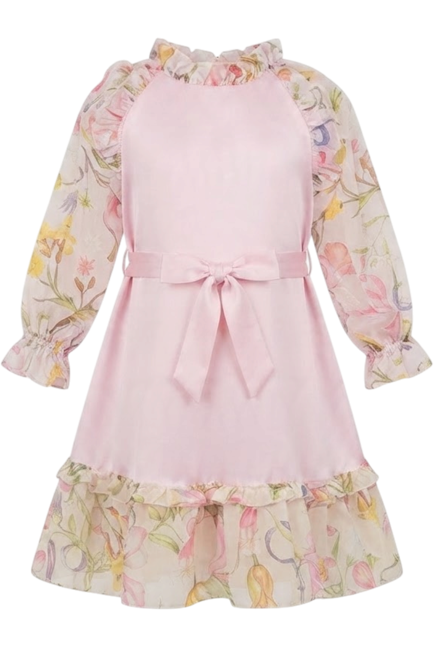 Pink chiffon dress with belt with floral sleeves and frill - product view
