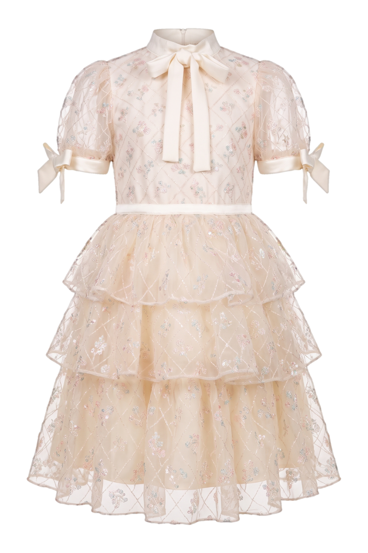 Ivory micro flowers embroidered lace dress with frills, pussy bow and bows on the sleeves - product view