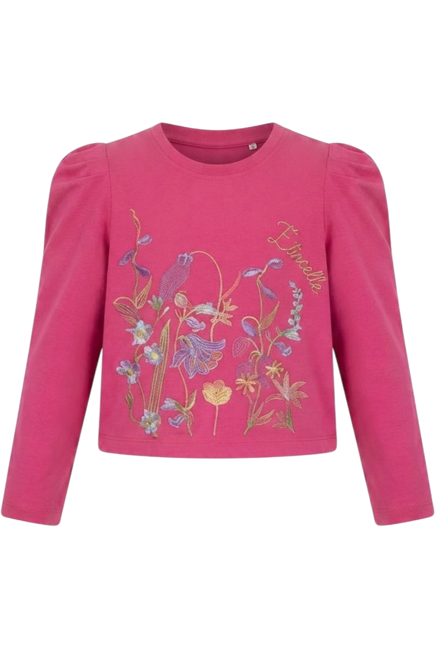 Fuchsia t-shirt with floral embroidery - product view