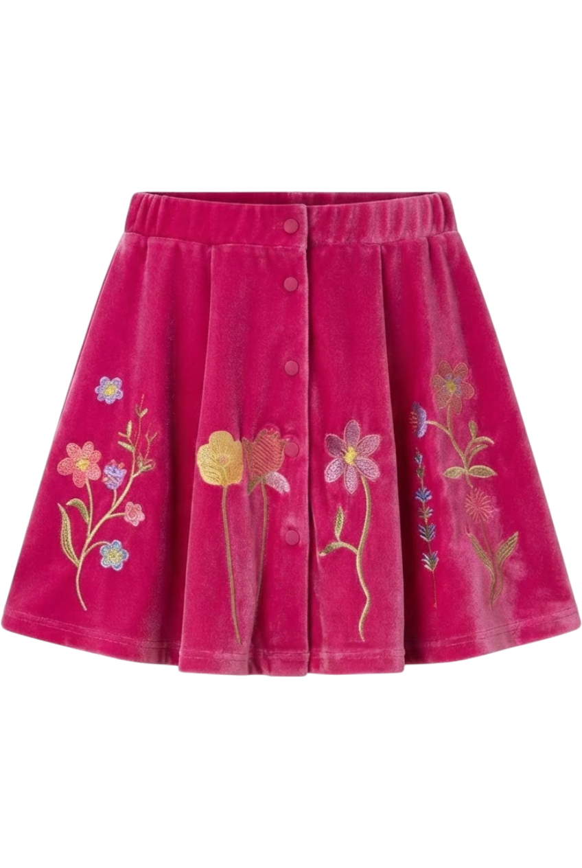 Fuchsia velvet skirt with embroidery - product view