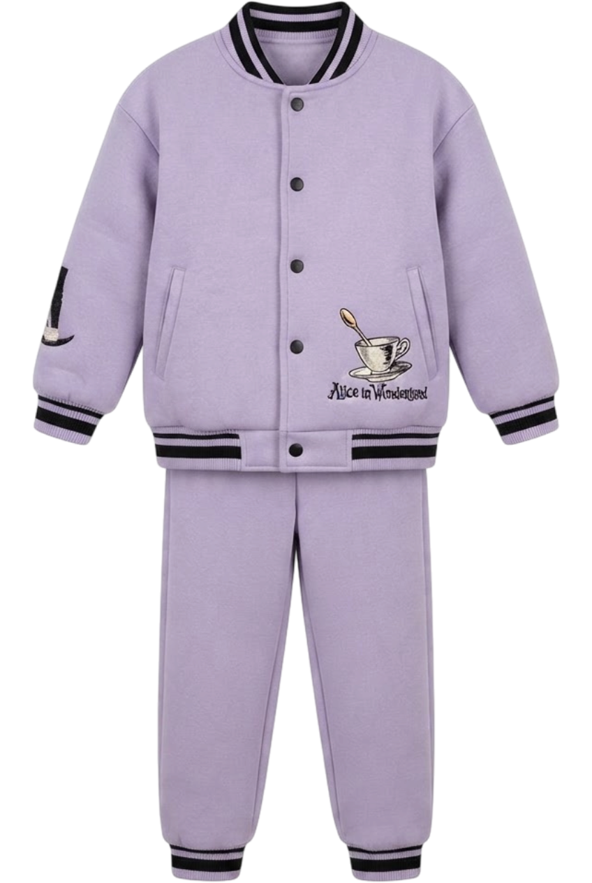 Lilac "Alice in wonderland" set of embroidered padded bomber jacket and trackpants - product view