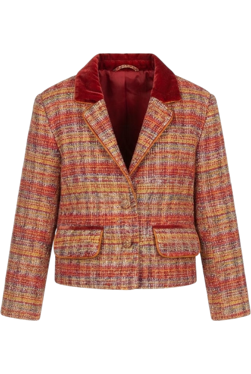 Red, yellow and orange lurex tweed blazer with velvet lapels - product view