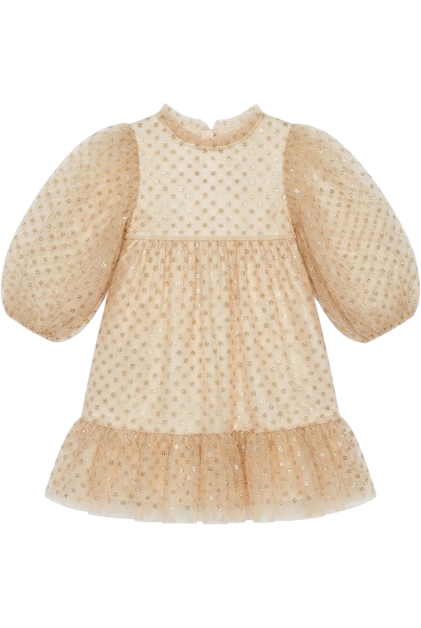 Gold sequins tulle dress with voluminous sleeves - product view